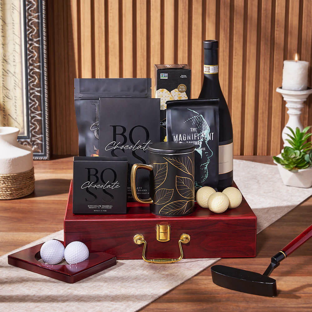 Luxe Putting & Wine Gift Set, wine gift, wine, coffee gift, coffee, chocolate gift, chocolate, golf gift, golf, putting gift, putting, Montreal delivery