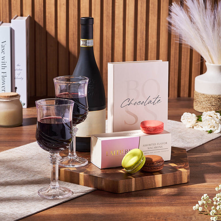 Custom Birthday Gift Baskets - Wine and Assorted Macarons Gift Set with Glasses and Cutting Board