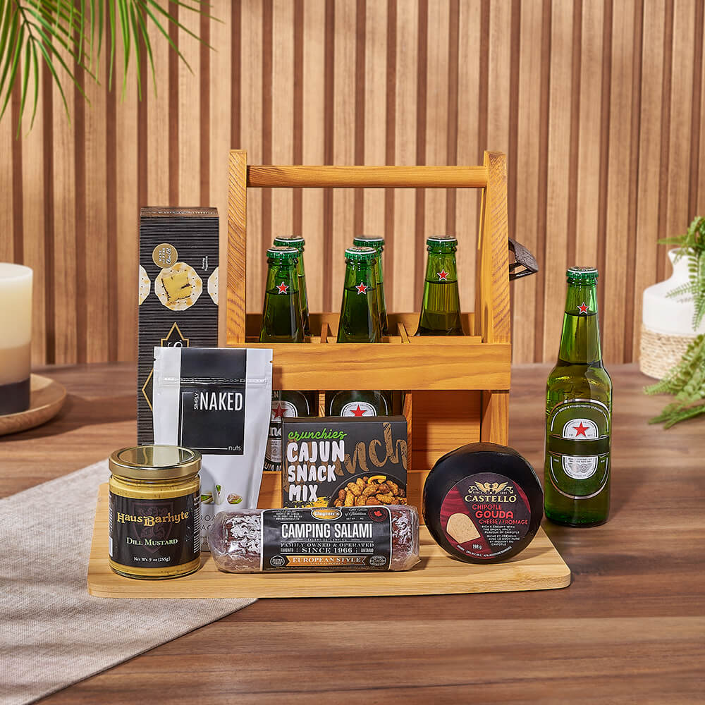 Beer Gift Basket with Chipotle Gouda, Camping Salami, and Six Bottles of Beer – gift basket with 6 bottles of beer, 6 slot wood bottle carrier