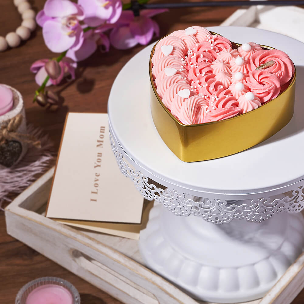Custom Mothers Day Gift Baskets - Mother's Day Red Velvet Heart Cake in Gold Tin