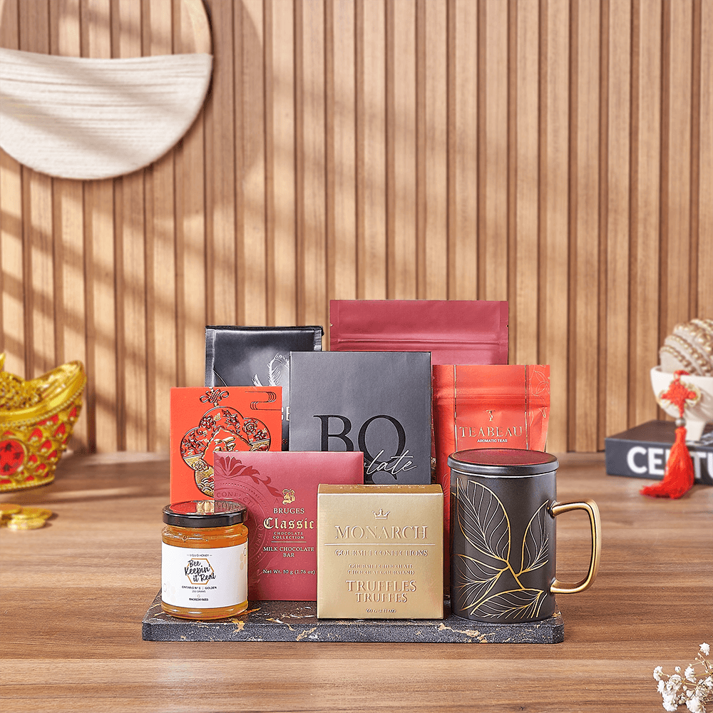 Chinese New Year Gift Basket with Coffee, Tea, and Chocolates – how the gift is presented