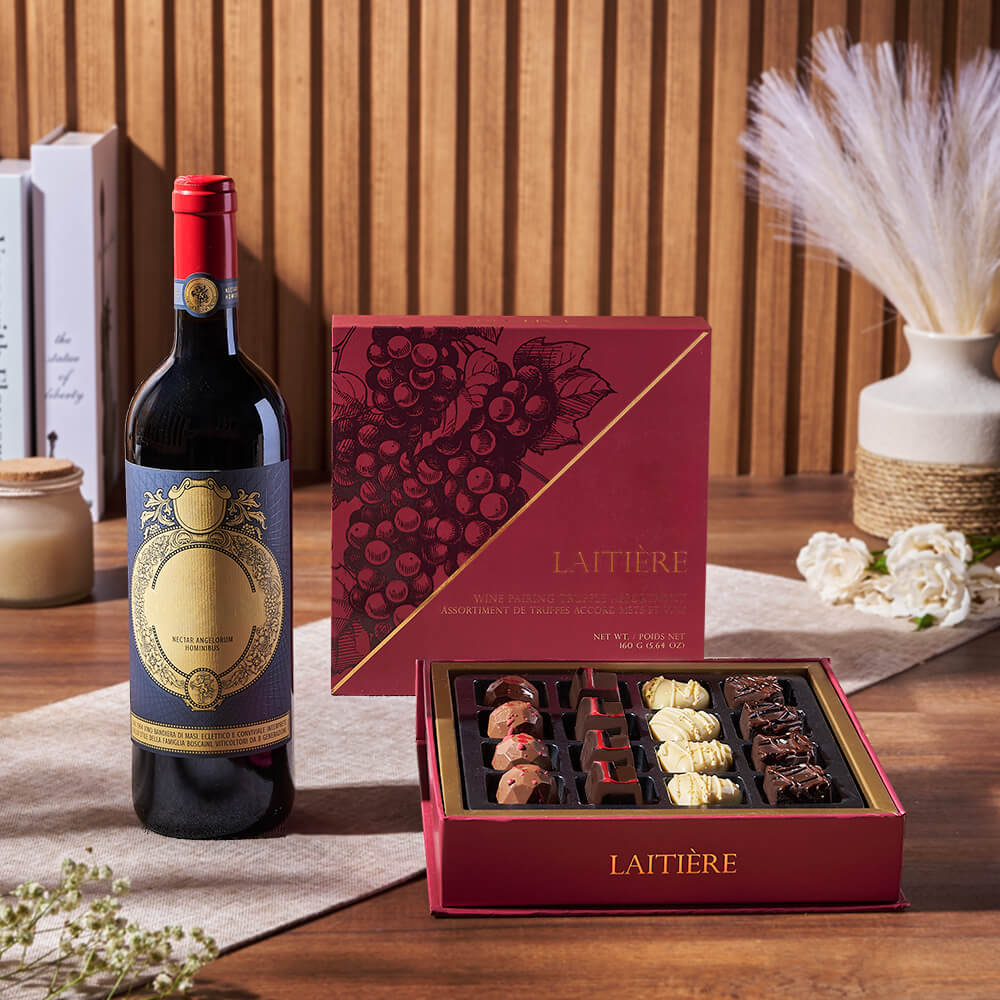 Laitiere Wine Pairing Truffle and Palatine Hills Lakeshore Red Gift Basket – how the gift is presented