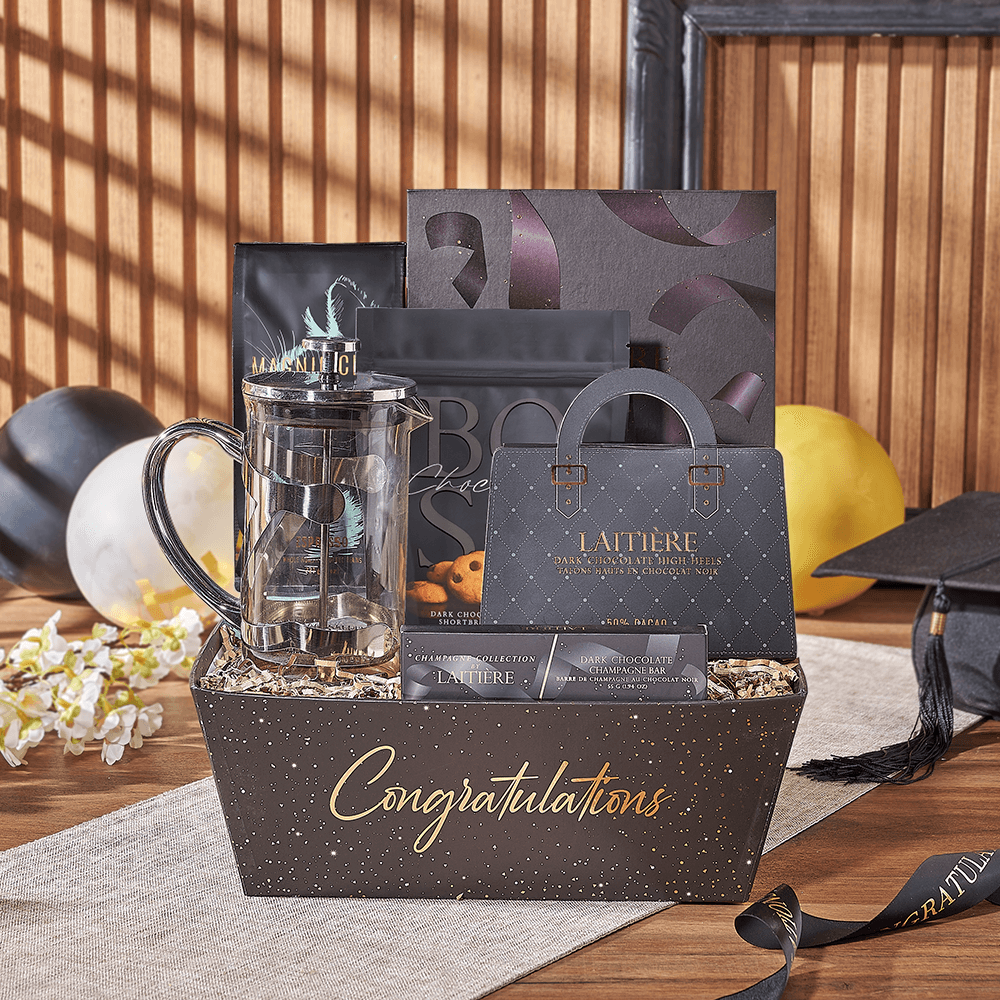 Chocolate and Espresso Graduation Gift Basket – how the gift is presented