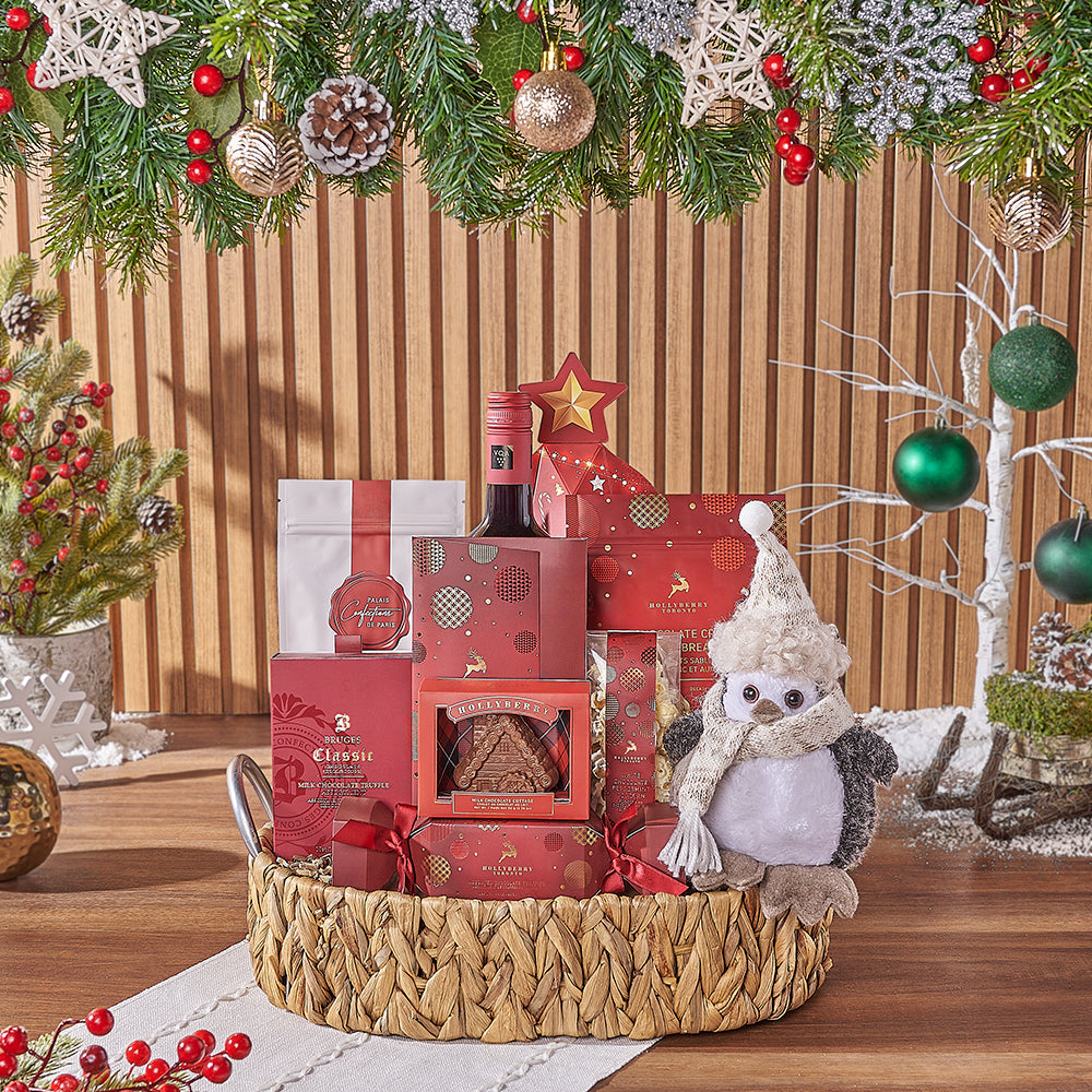 Palatine Hills Red Wine and Holiday Chocolate Gift Basket – how the gift is presented