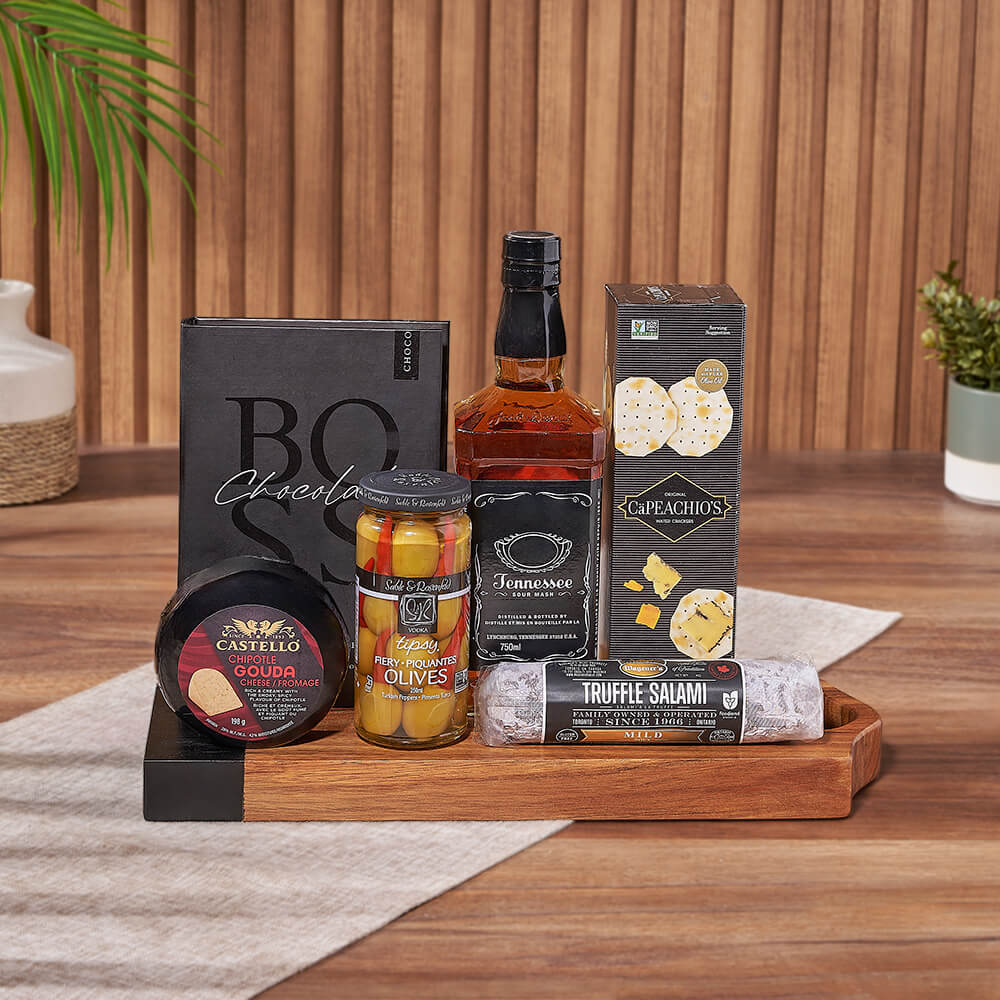Salami, Cheese &amp; Liquor Board, liquor gift, liquor, charcuterie gift, charcuterie, Montreal delivery