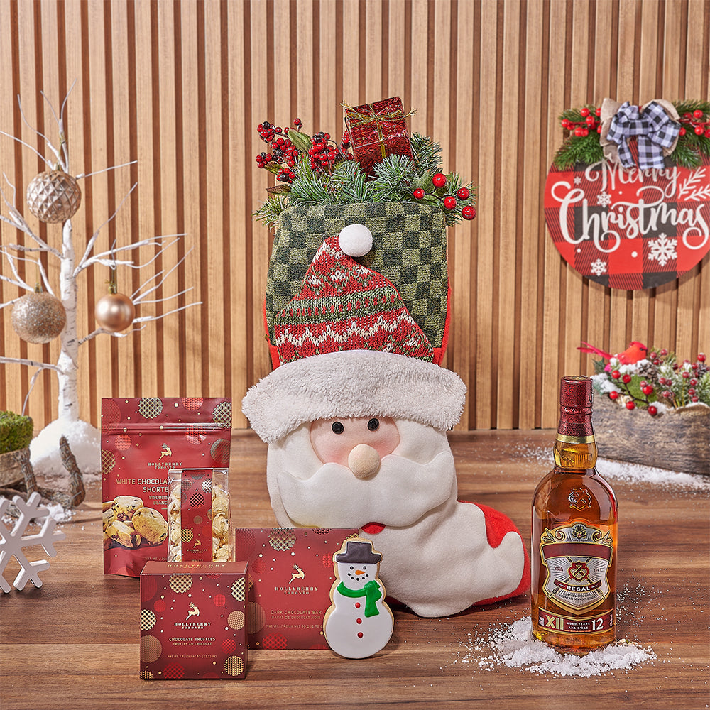Santa Stocking &amp; Liquor Gift Set, liquor gift, liquor, Christmas gift, Christmas, chocolate gift, chocolate, cookie gift, cookie, Montreal delivery