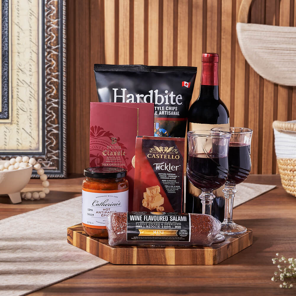 Savory Treats Wine Basket, wine gift, wine, charcuterie gift, charcuterie, Montreal delivery