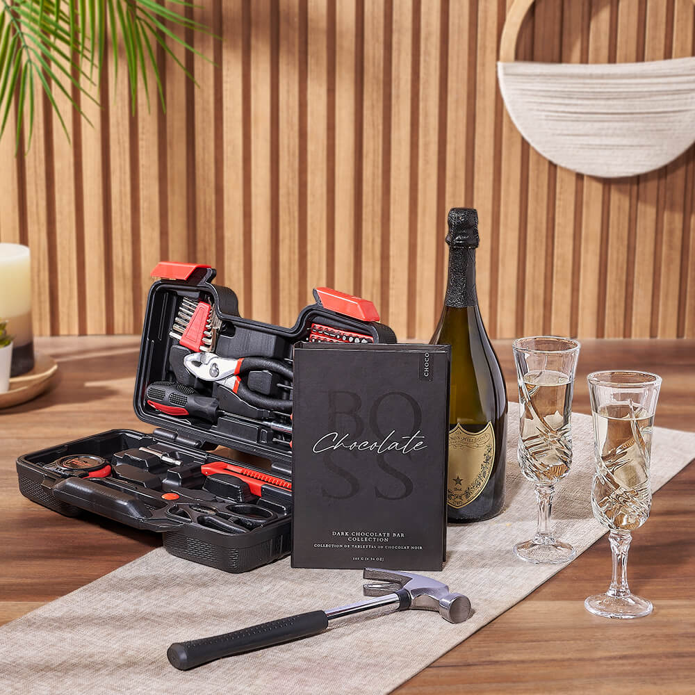 Sensible Champagne &amp; Tool Gift, champagne gift, champagne, sparkling wine gift, sparkling wine, chocolate gift, chocolate, tool gift, tools, Montreal delivery