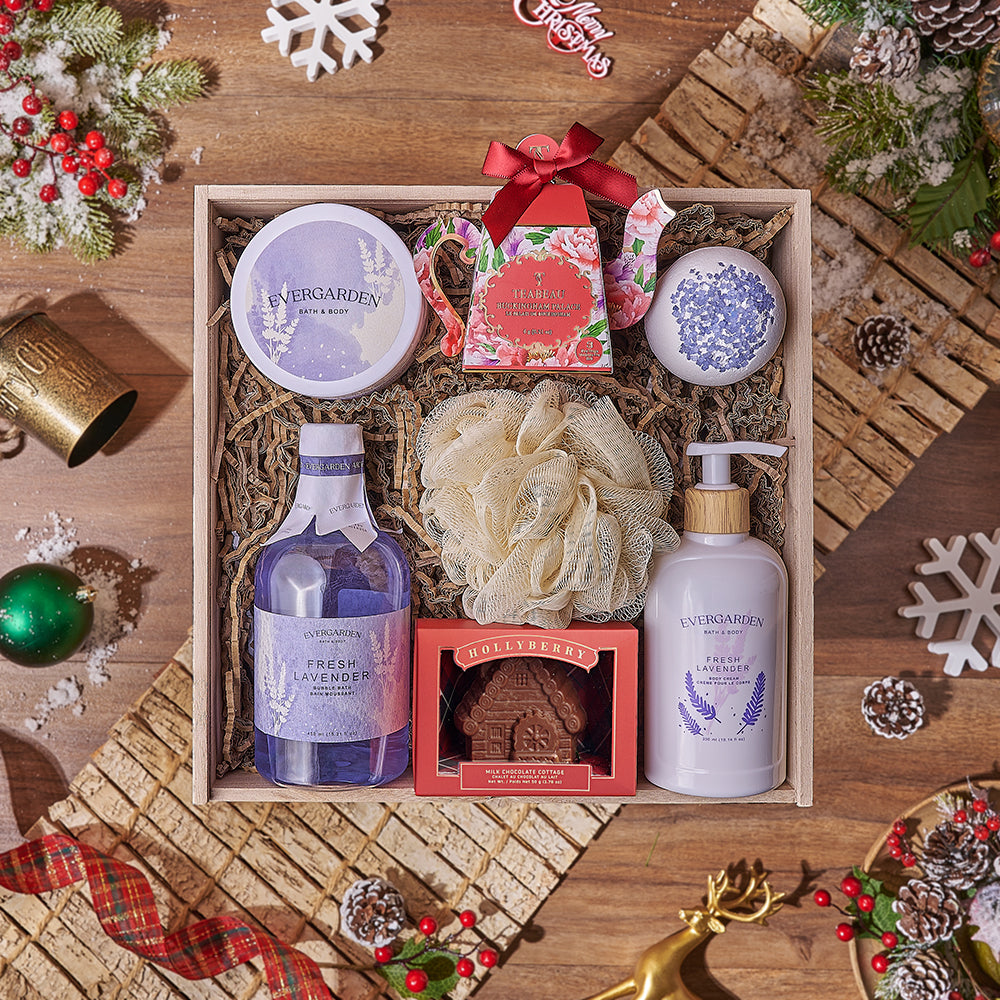 Serene Christmas Gift Box, chocolate gift, chocolate, Christmas gift, Christmas, tea gift, tea, spa gift, spa, bath gift, bath, Montreal delivery