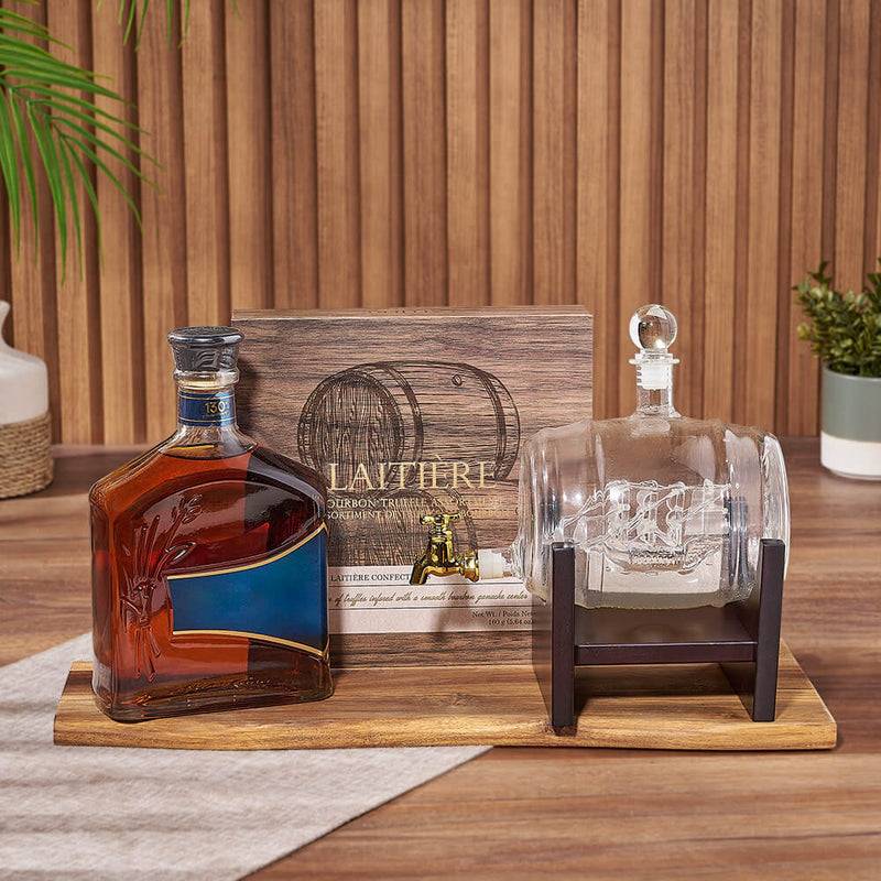 Simple Luxuries Trio with Liquor, liquor gift, liquor, decanter gift, decanter, chocolate gift, chocolate, Montreal delivery