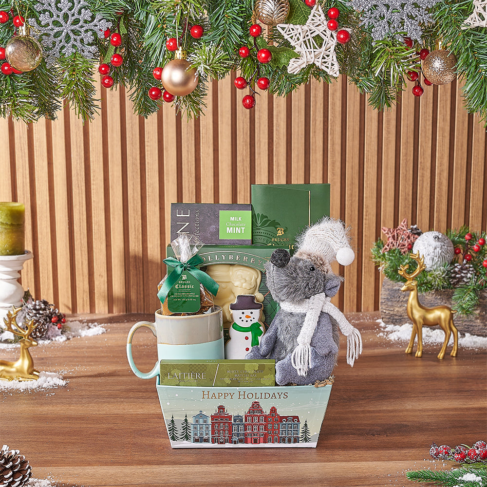 Simply Sweet Holiday Chocolate Gift Basket with Mug and Plush – how the gift is presented