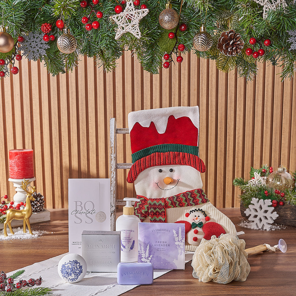 Snowman Spa Stocking Gift Set, spa gift, spa, chocolate gift, chocolate, christmas gift, christmas, Montreal delivery