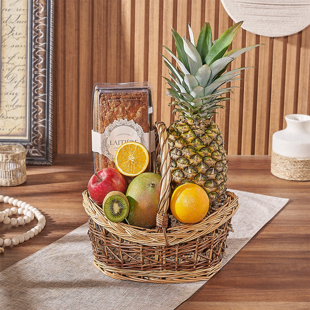 Southern Hospitality Fresh Fruit and Cinnamon Loaf Gift Basket – gift basket with pineapple, mango : this delicious tropical fruit has yellow-orange flesh and should be eaten quickly once cut and red delicious apple : red delicious has a sweet but very mi