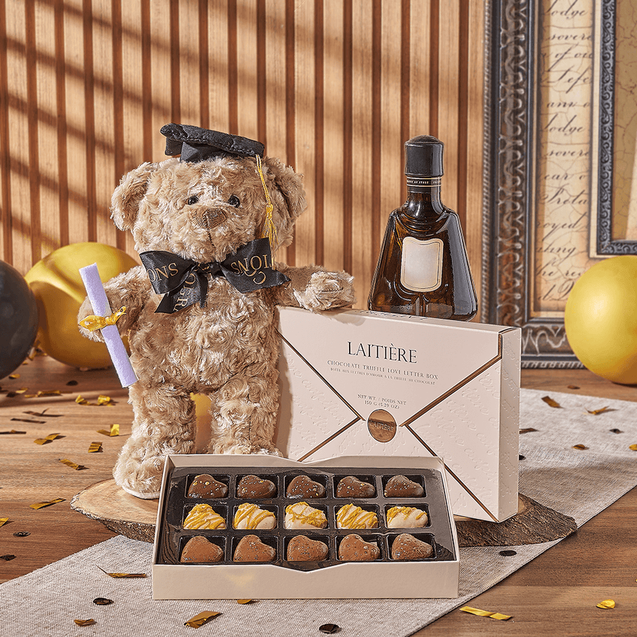 Spirits & Graduate Bear Gift, liquor gift, liquor, chocolate gift, chocolate, plush gift, plush, graduation gift, graduation, Montreal delivery