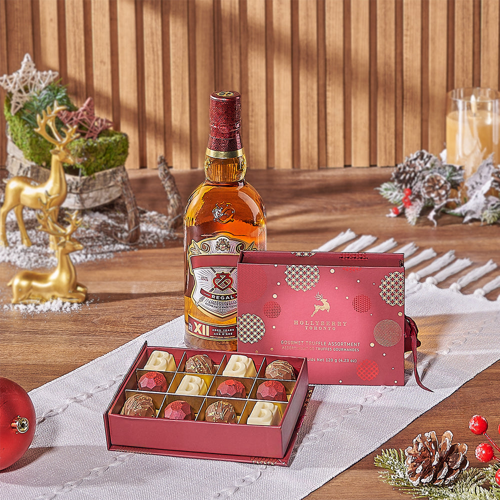 Holiday Spirits Gift Set with Whiskey and Chocolate Truffles – how the gift is presented