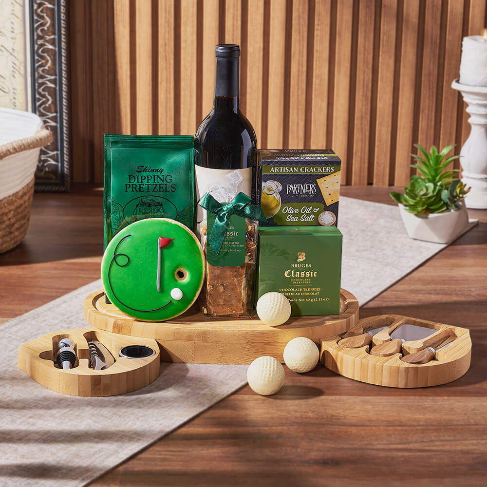 Golf Gift Basket with Wine and Assorted Snacks – gift basket with bottle of wine : this gift includes a bottle of wine, partners crackers olive oil & sea salt : slow baked with olive oil and sea salt, these crackers are perfect for snacking on their own o