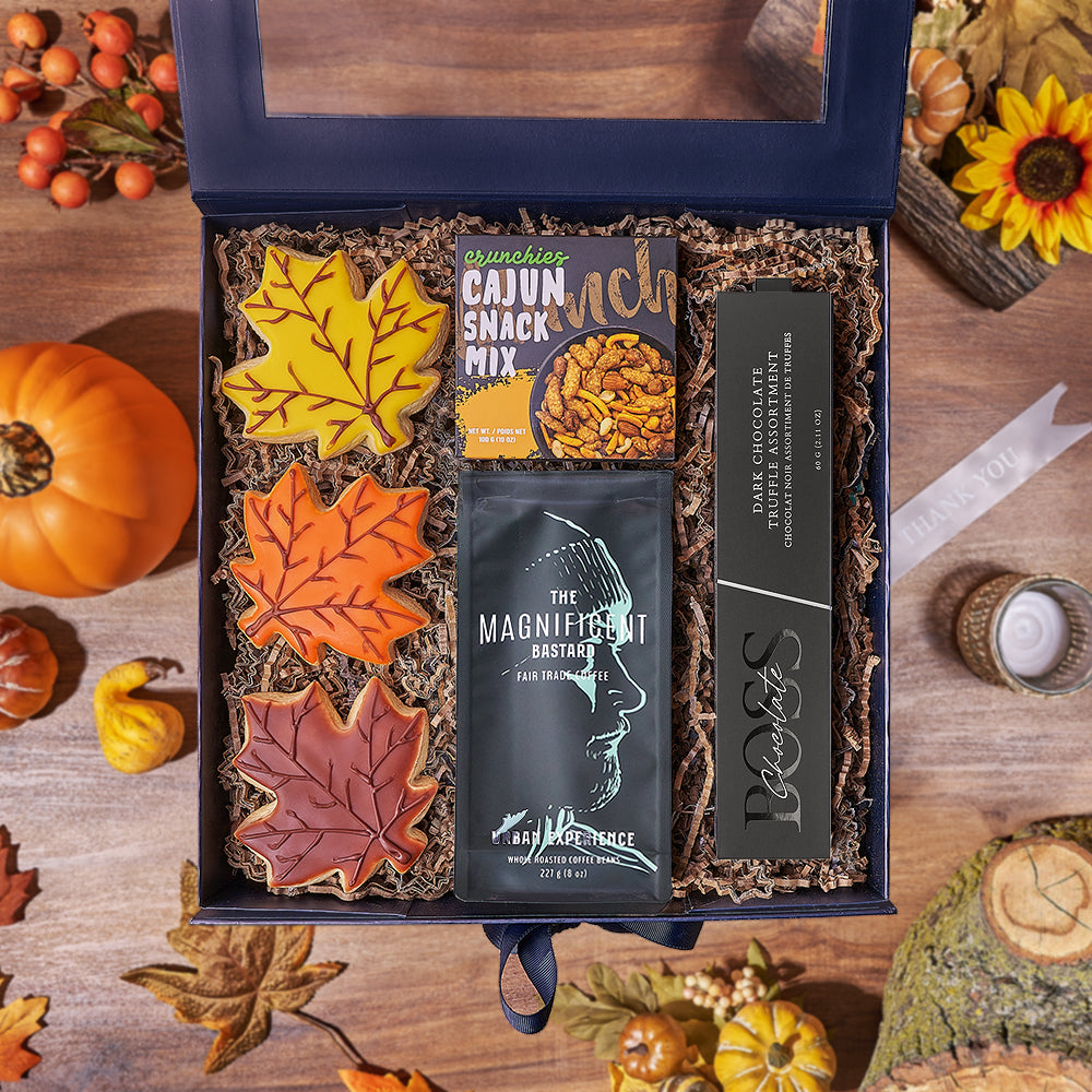 Thanksgiving Coffee and Cookie Gift Box with Dark Truffles – gift basket with magnificent bastard urban experience coffee : magnificent bastard's refined flavour profile will wake you up whenever you need it! robust and smooth, these whole roasted beans a