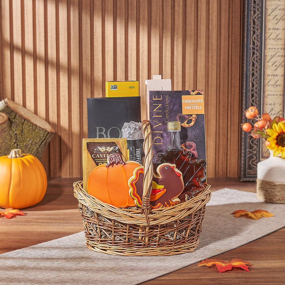 Custom Thanksgiving Gift Baskets - Thanksgiving Gift Basket with Sugar Cookies, Cheese, Salami and Maple Syrup