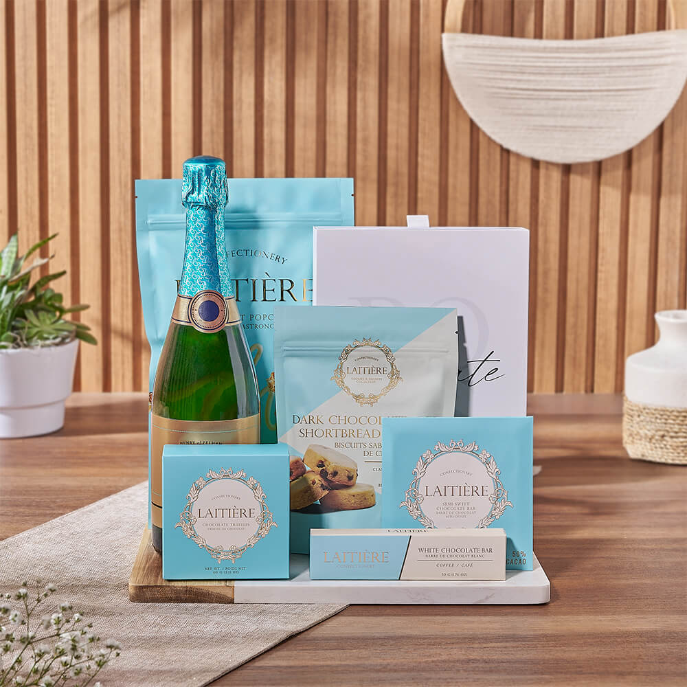 Sparkling Wine Gift Basket with Chocolates and Acacia Wood Serving Board – gift basket with bottle of sparkling wine, laitiere white chocolate caramel popcorn and boss white truffle assortment - 24pcs : sure to satisfy any sweet tooth, the BOSS white choc