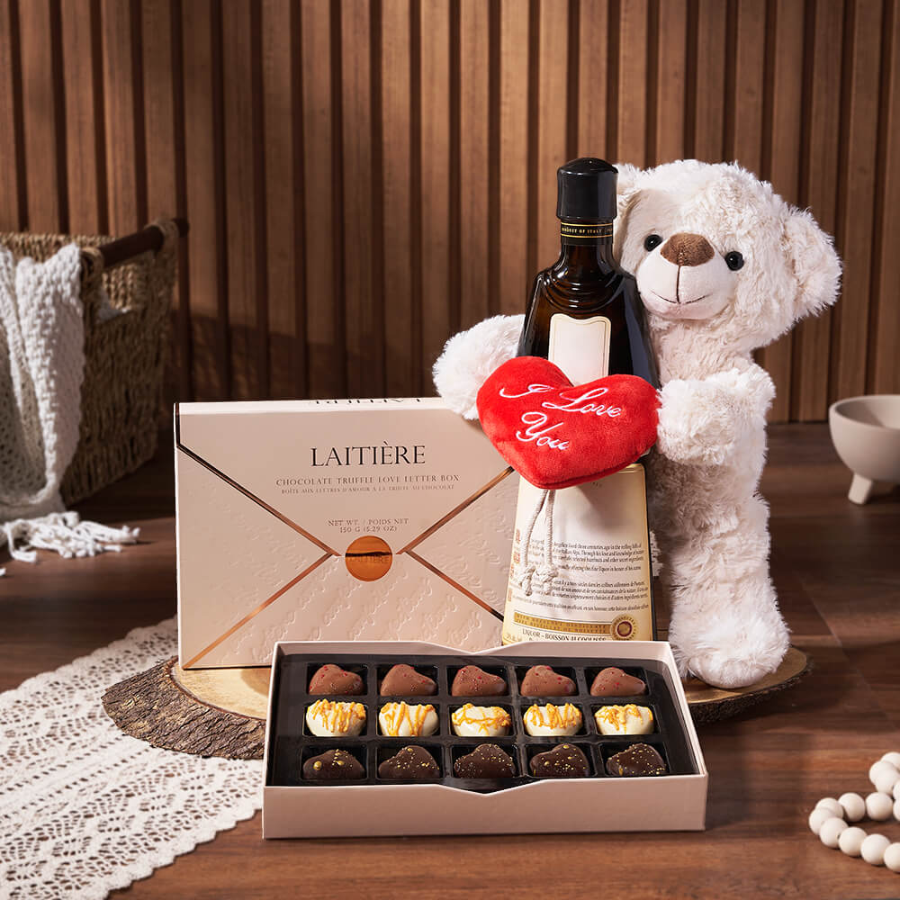 Yummy Bonbons Liquor Gift Set with Bear Plush, Chocolates, and Vodka or Whisky – gift basket with bottle of vodka, i love you bear 10 inches