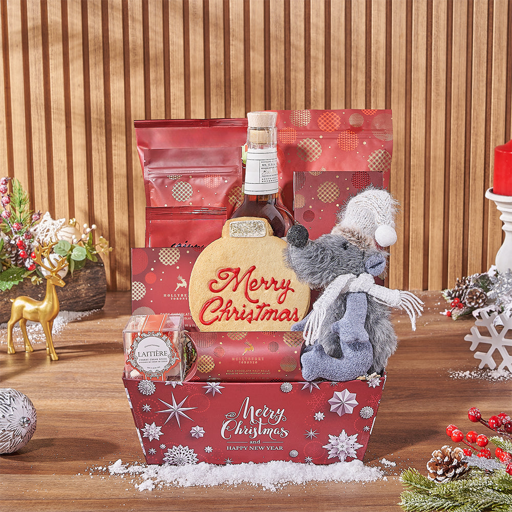Twas the Night Before Christmas Whiskey and Holiday Treats Gift Set – gift basket with bottle of whiskey, hardbite drop'n mad beets chips and hollyberry white chocolate peppermint popcorn : sweet and salty. this delightful combination of belgian white cho