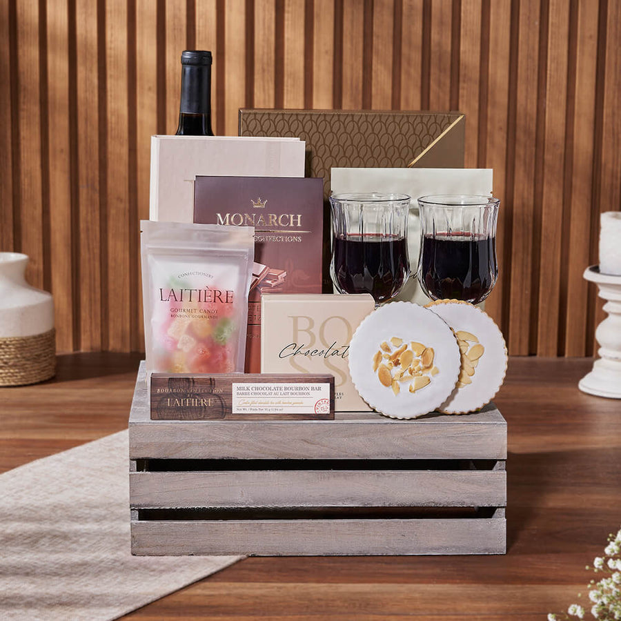 Ultimate Chocolate & Wine Gift Crate, wine gift, wine, chocolate gift, chocolate, cookie gift, cookie, Montreal delivery