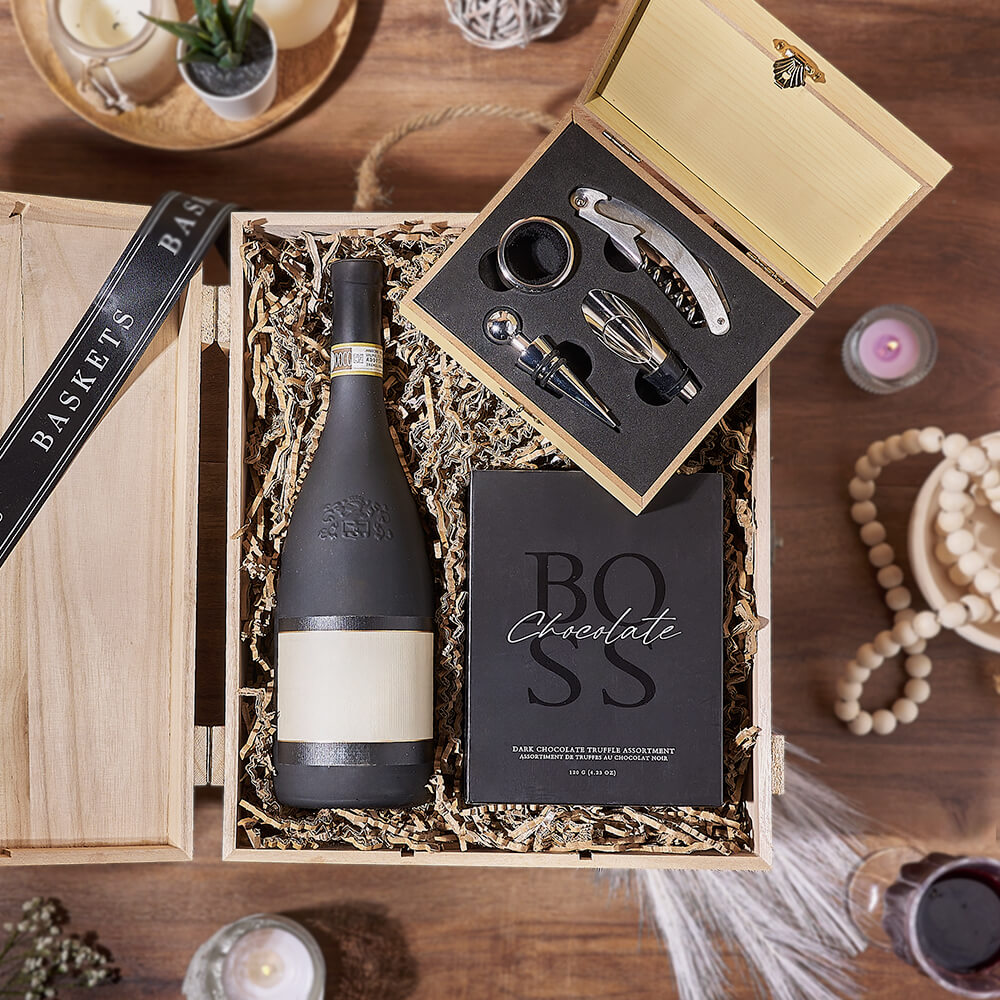 Wine and Boss Dark Truffle 12-Piece Gift Box – gift basket with bottle of wine : this gift includes a bottle of wine, wine corkscrew set with wooden box and boss dark truffle assortment - 12pcs