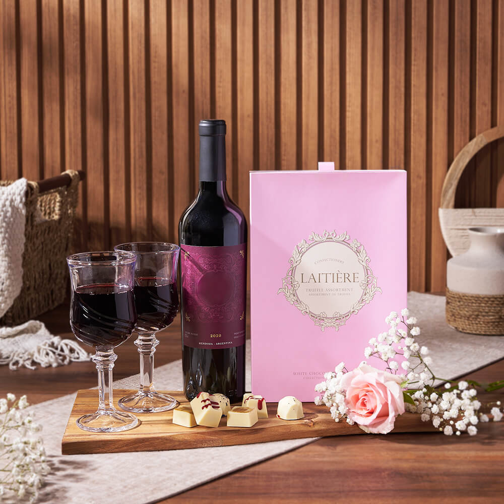 Uptown Wine &amp; Chocolate Gift Basket, wine gift, wine, chocolate gift, chocolate, rose gift, rose