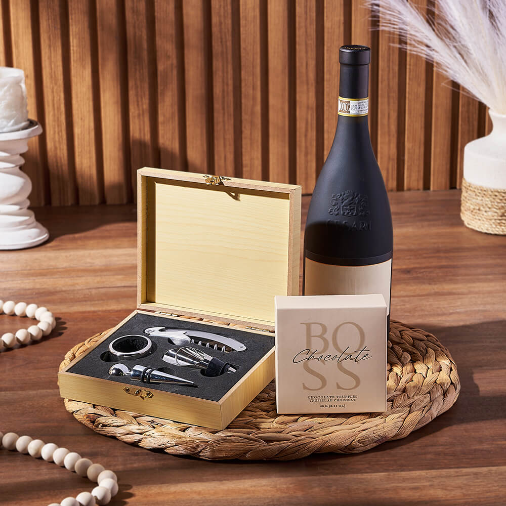 Wine and Chocolate Truffles Basket with Palatine Hills Red and Wooden Box – gift basket with bottle of wine, wine corkscrew set with wooden box and boss assorted individual wrapped chocolates - beige
