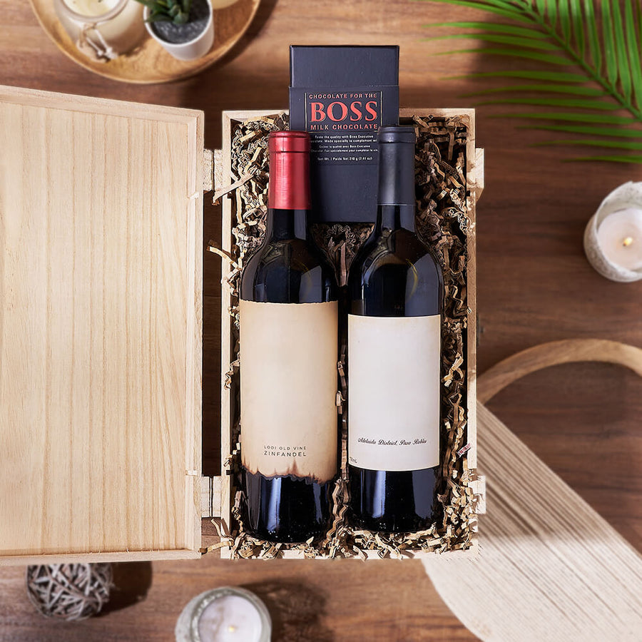 Vintage Wine Duo Gift Crate, wine gift, wine, chocolate gift, chocolate, Montreal delivery