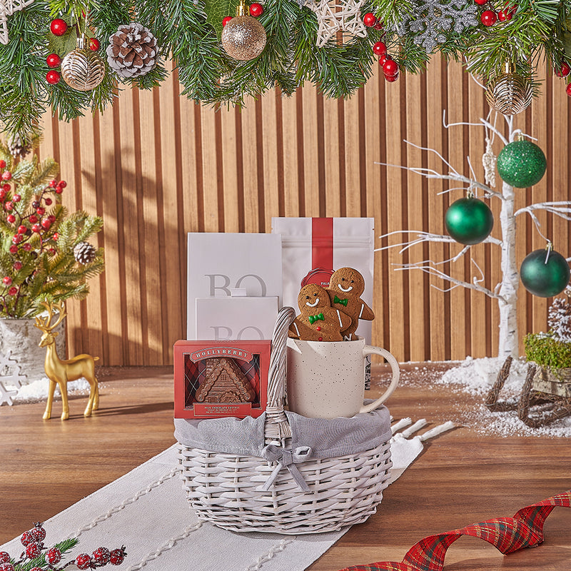 White Christmas Gift Basket with Hot Chocolate, Chocolates, Cookies, Mug – gift basket with palais confections de paris hot chocolate, boss milk
