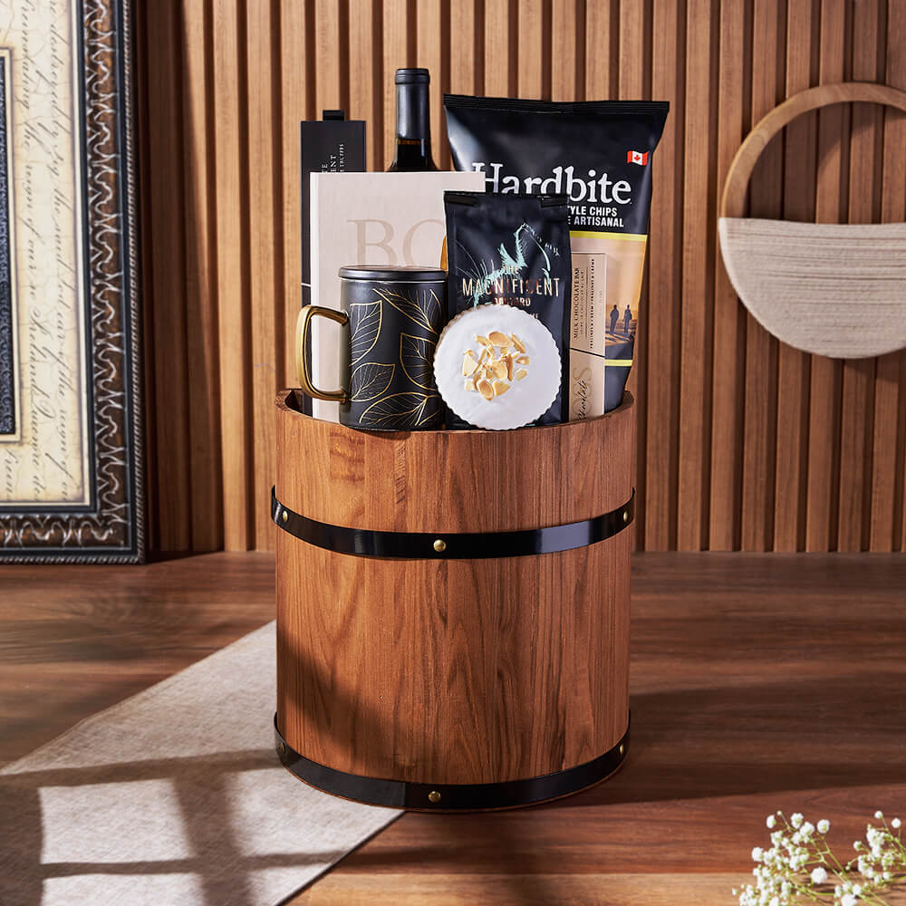 Wine Barrel Gift Basket, wine gift, wine, chocolate gift, chocolate, coffee gift, coffee, Montreal delivery