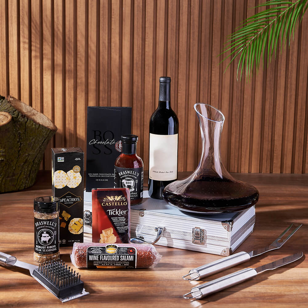 Wine &amp; BBQ Gift Set, wine gift, wine, grilling gift, grilling, decanter gift, decanter, charcuterie gift, charcuterie, Montreal delivery