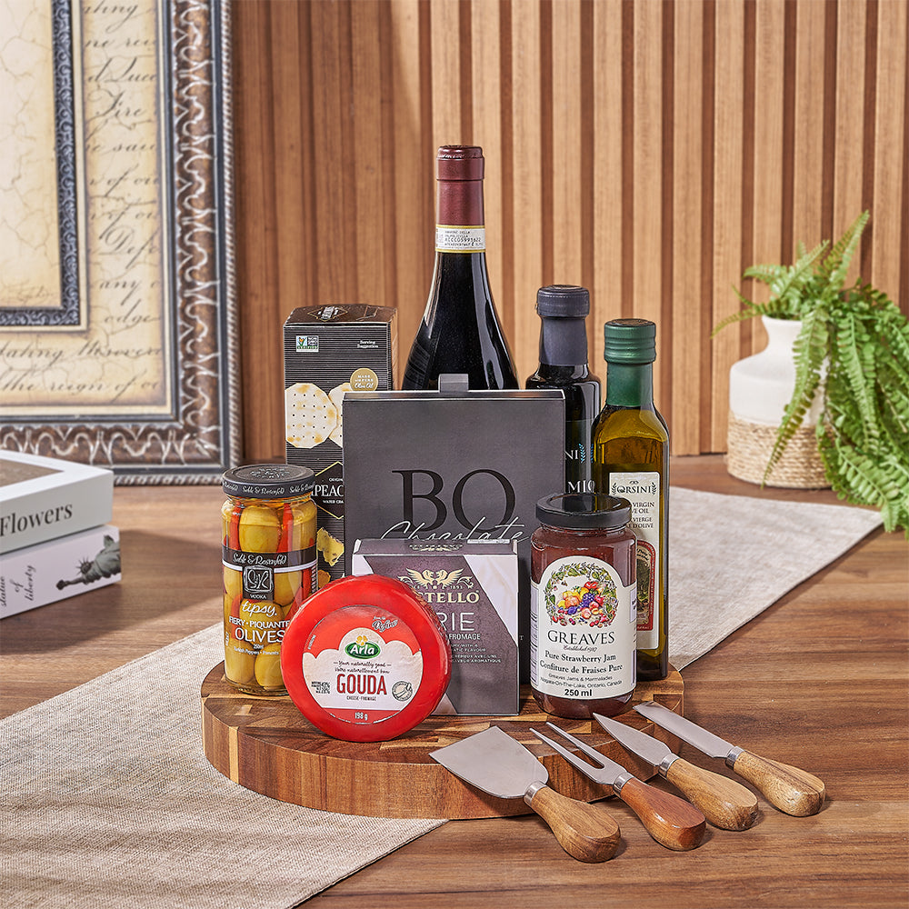 Wine &amp; Cheeseboard Gift, wine gift, wine, chocolate gift, chocolate, cheese gift, cheese, charcuterie gift, charcuterie, Montreal delivery