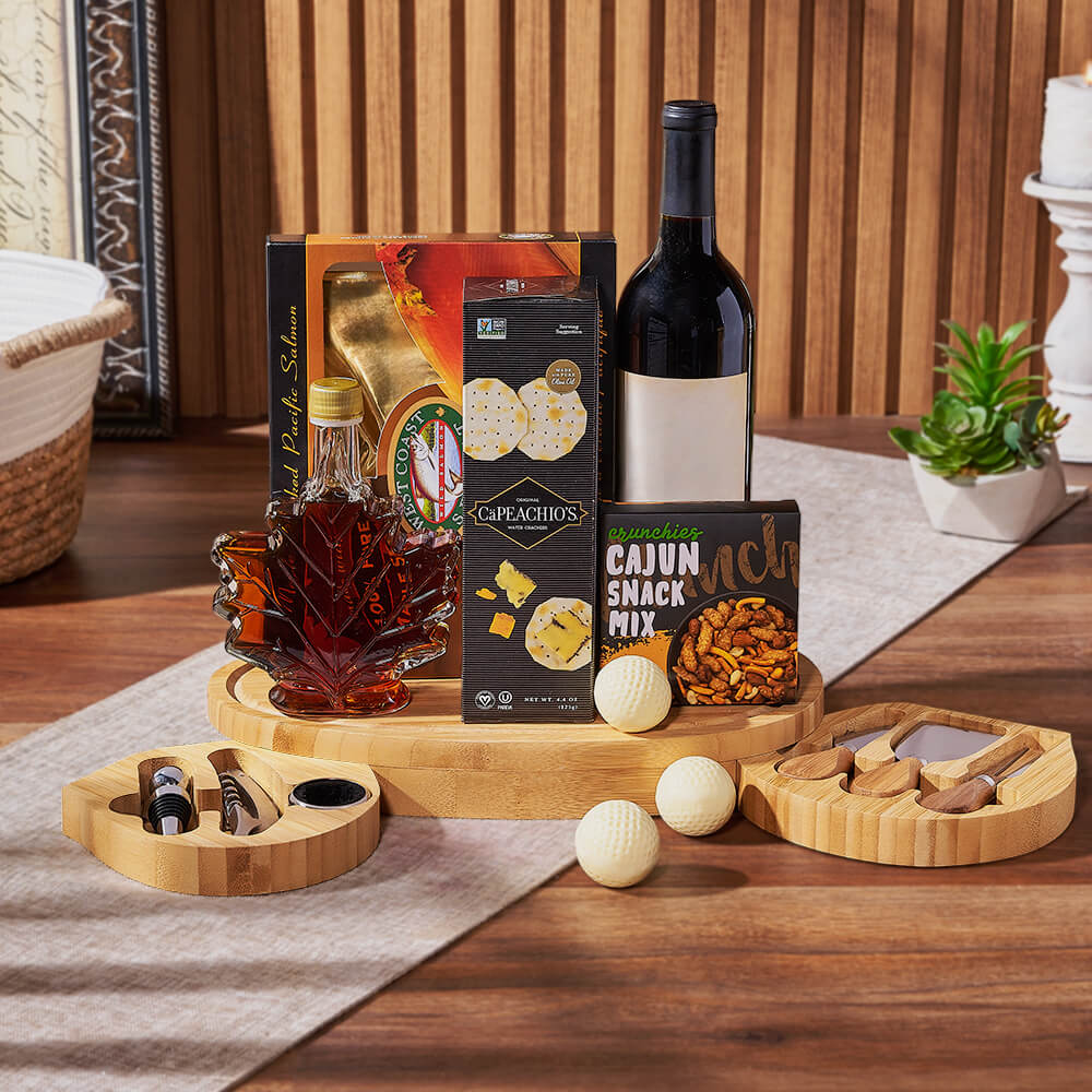 Wine Gift with Pacific Salmon and Golf Cheese Board – gift basket with bottle of wine : this gift includes a bottle of wine, capeachio's original water cracker and west coast select maple smoked pacific salmon 227g