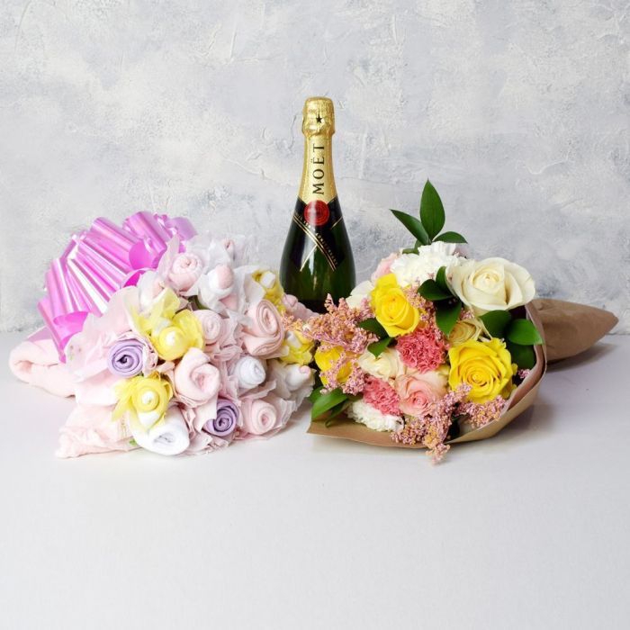 Baby Girl Bouquet Gift Set With Champagne from Montreal Baskets - Montreal Delivery