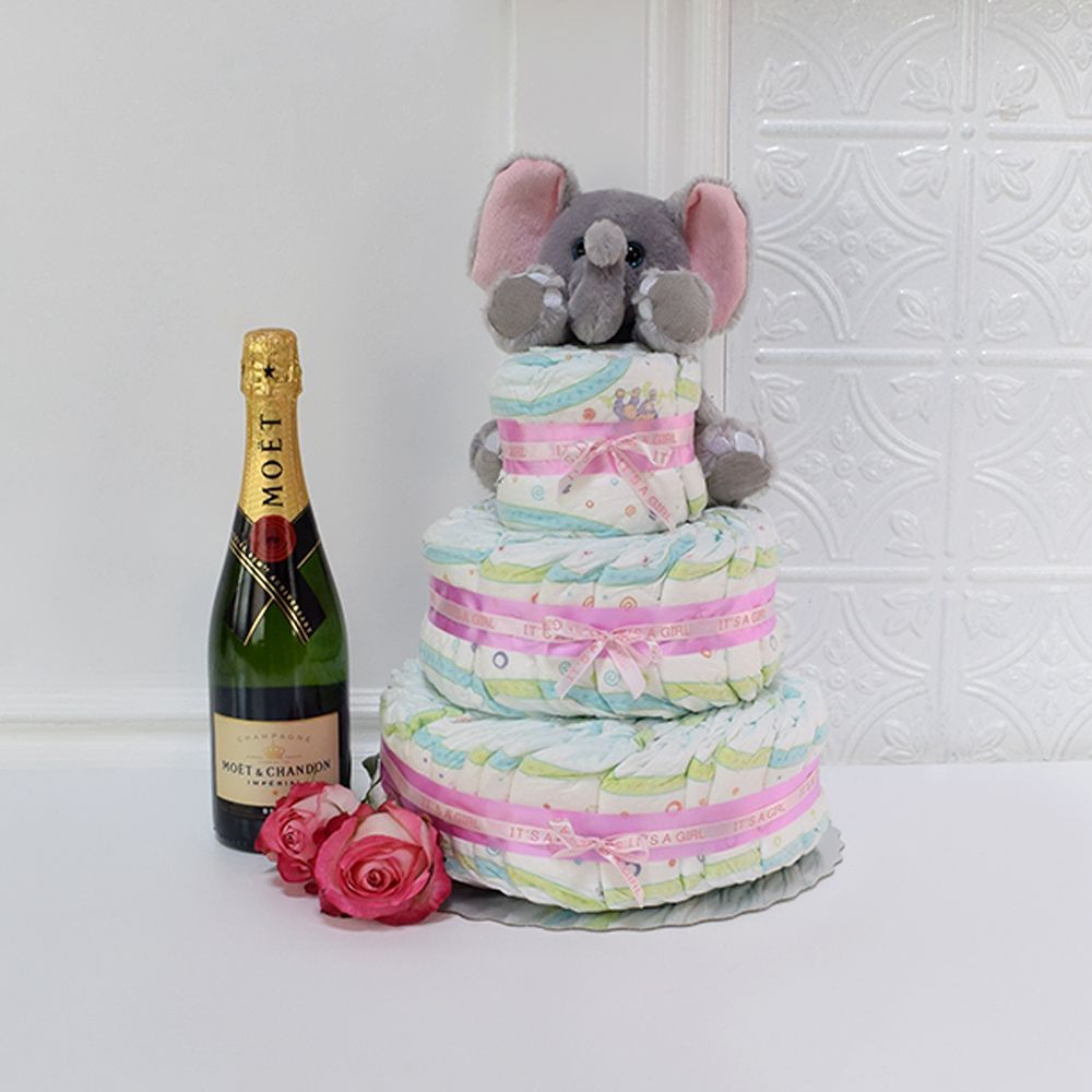Diaper Cake Celebration from Montreal Baskets - Champagne Gift - Montreal Delivery