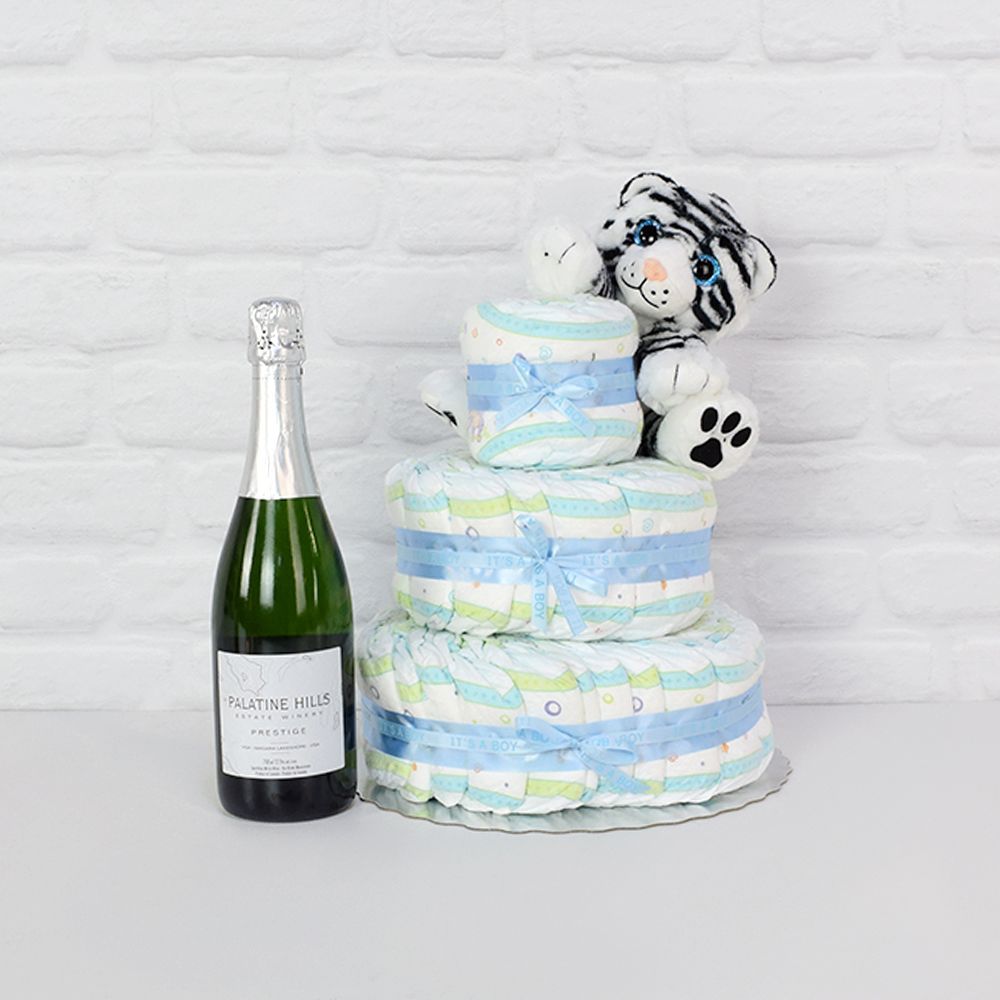 Diapers &amp; Plush Tiger Champagne Gift Set from Montreal Baskets - Champagne Gift Set - Montreal Delivery