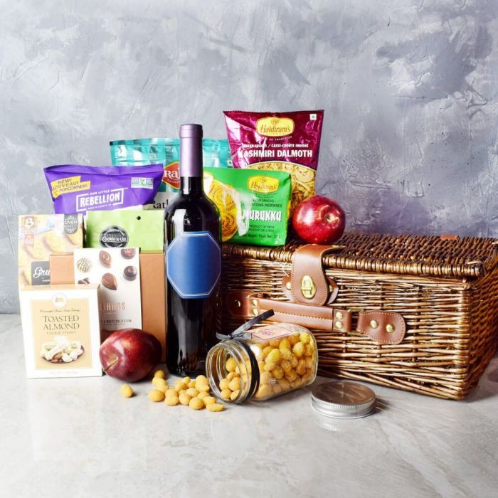 Diwali Wine Gift Basket with Palatine Hills Red and Assorted Snacks – gift basket with 7, w - 14, d - 10, raju namkeen ratlami sev and haldiram's
