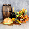 "Festive Fall Harvest Gift Set" A bottle of Wine, Vanilla Cake, and Bouquet of Fall Flowers from Montreal Baskets - Montreal Delivery