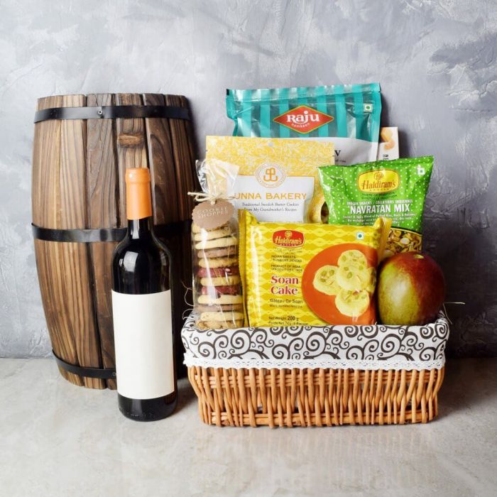 Flavors Of Diwali Gift Basket With Wine – how the gift is presented