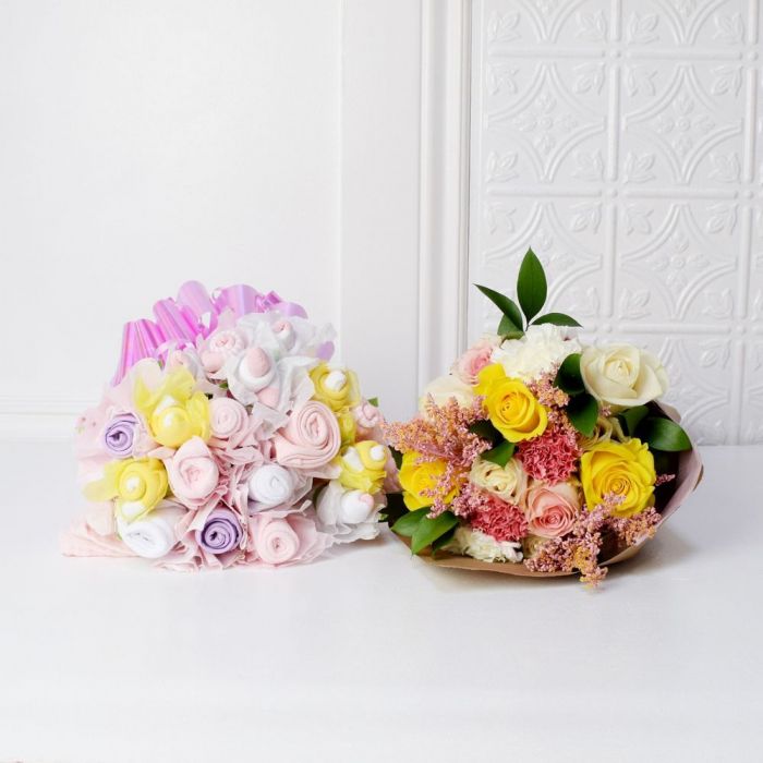 Floral & Cuddly Bouquet For The Baby Girl Gift Set from Montreal Baskets - Flower Gift Set - Montreal Delivery.