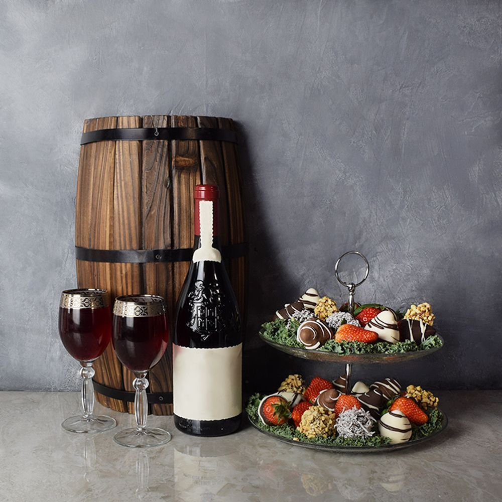 Two-Tier Wine and Chocolate Strawberries – how the gift is presented