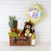 "Newborn Essentials Gift Basket with Wine" Bottle of Wine with a basket of Grapes, Strawberries, Kiwi, Apples, Pineapple, Orange, a Plush toy, and Baby Sock and Blanket from Montreal Baskets - Montreal Delivery