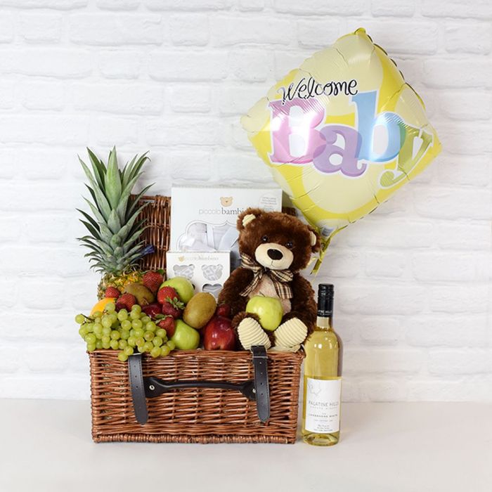 Newborn Essentials Gift Basket with Wine from Montreal Baskets - Baby Gift Basket - Montreal Delivery