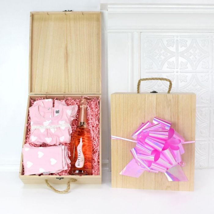"Our Precious Angel Celebration Gift Crate" Baby Girl Clothes in Crate with Champagne from Montreal Baskets - Montreal Delivery