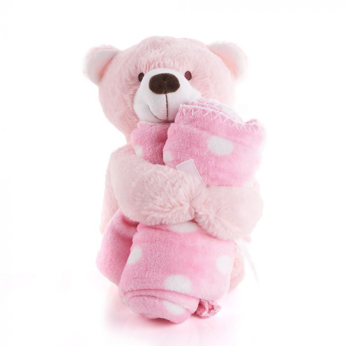 "Pink Hugging Blanket Bear" Plush toy holding a Pink Blanket from Montreal Baskets - Montreal Delivery