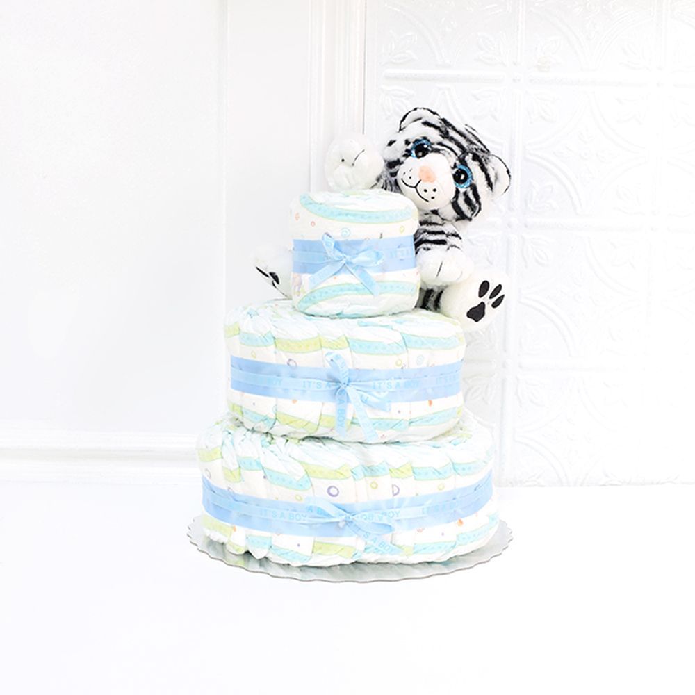 "Plush & Perfect Baby Gift Set" Tiger Plush and 3 Tier Diaper Cake from Montreal Baskets - Montreal Delivery