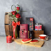 "Regal Heights Valentine's Day Gift Basket" Dark Chocolate Tablet, Cherries, Cookies, Cherry Jam, Cinnamon Herbal, A Scented Candle, A Cutting Board, and 3 Roses in a Glass Vase from Montreal Baskets - Montreal Delivery