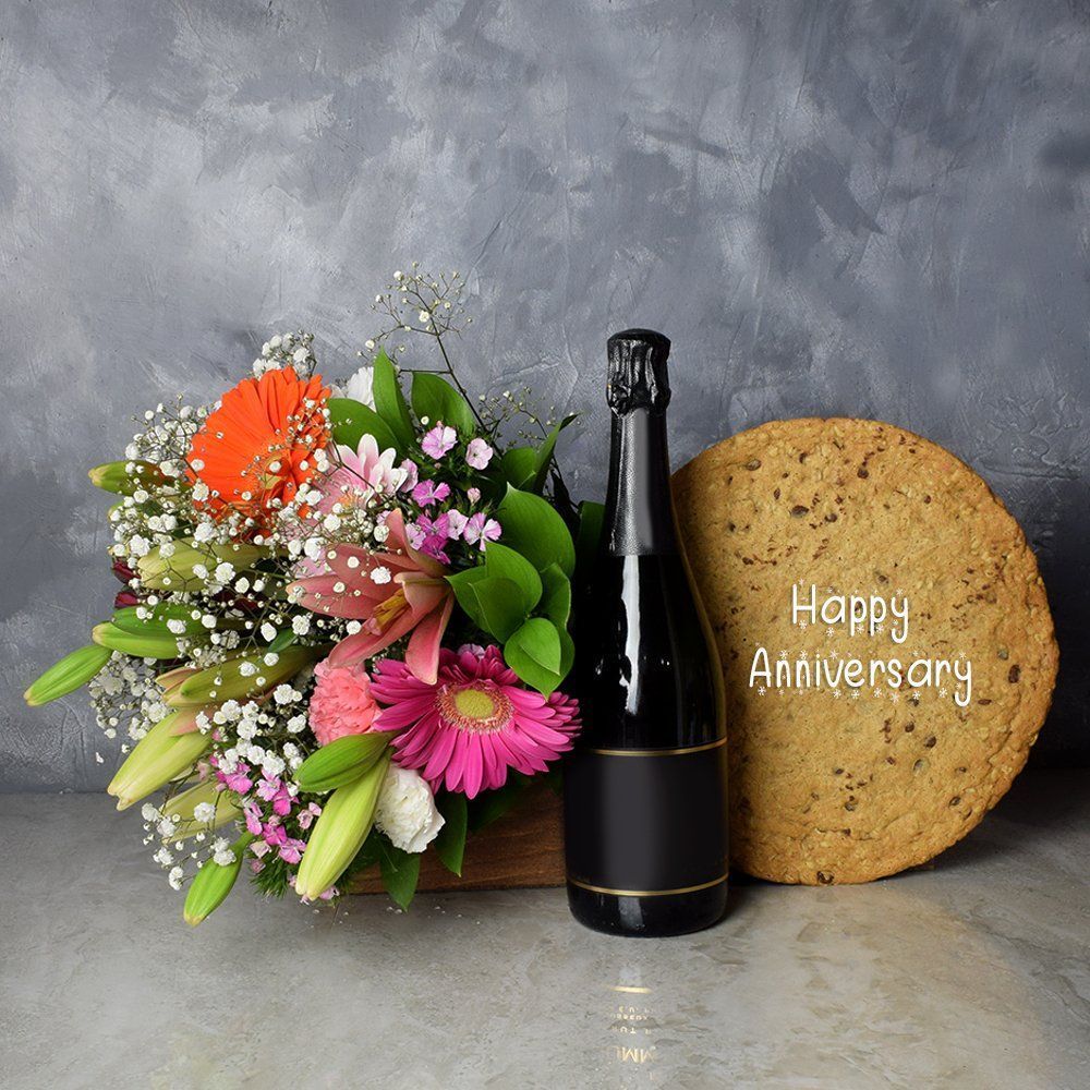 The Celebratory Happy Anniversary Cookie Cake Gift Set from Montreal Baskets - Champagne Gift Basket - Montreal Delivery